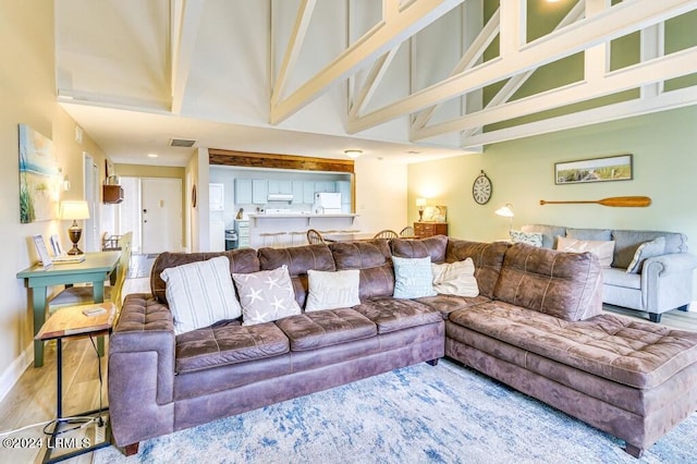 living room featuring high vaulted ceiling