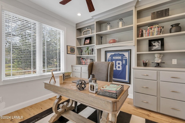 home office featuring ceiling fan, a healthy amount of sunlight, and light wood-type flooring