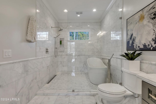 full bathroom with tile walls, ornamental molding, separate shower and tub, vanity, and toilet