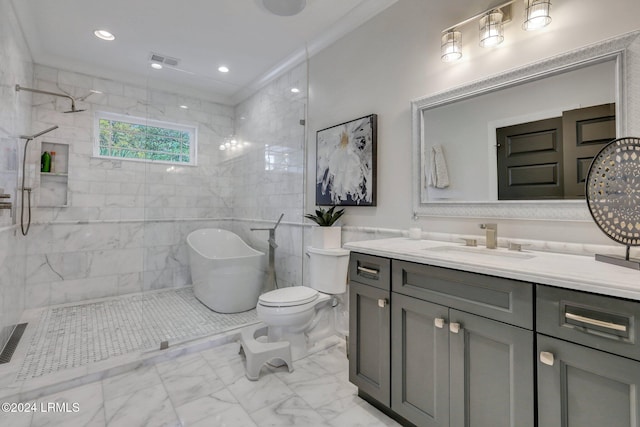 full bathroom with independent shower and bath, tile walls, vanity, ornamental molding, and toilet