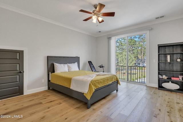 bedroom with crown molding, ceiling fan, and access to exterior