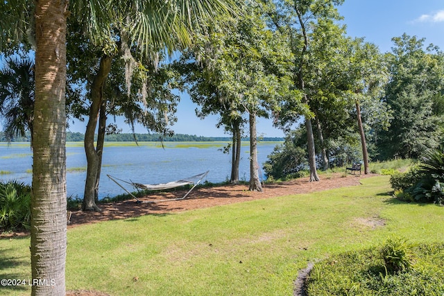 view of yard with a water view