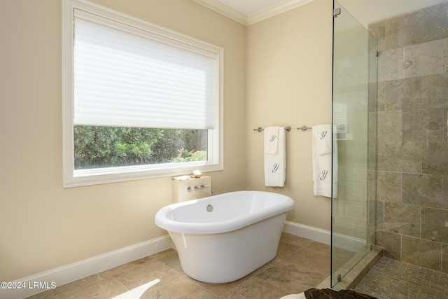 bathroom featuring crown molding and plus walk in shower