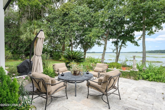 view of patio / terrace featuring a water view