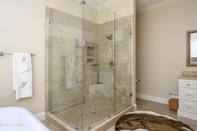 bathroom with crown molding and independent shower and bath