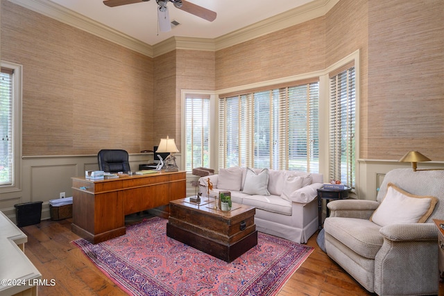 office area with hardwood / wood-style flooring, ceiling fan, and crown molding