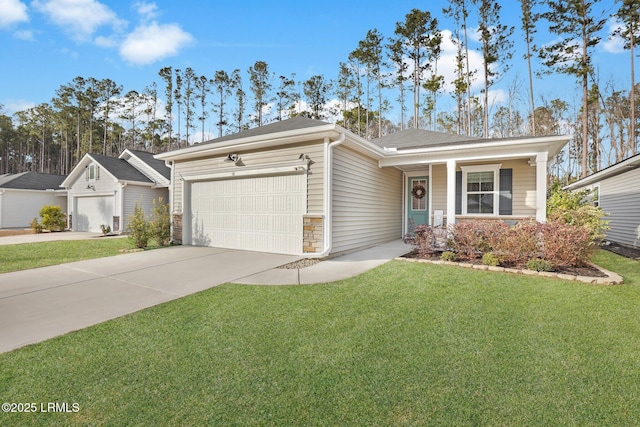 single story home featuring a garage and a front lawn