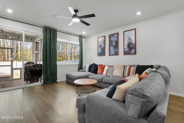 living room featuring hardwood / wood-style flooring and ceiling fan