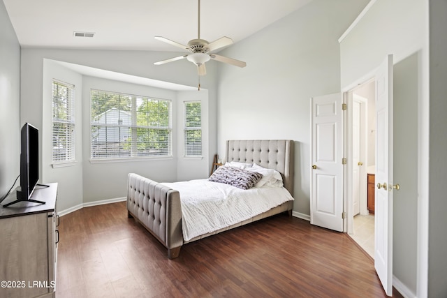 1470 Ashley Gardens Blvd, Charleston, SC 29414 - bedroom with dark wood finished floors, vaulted ceiling, baseboards, and ceiling fan