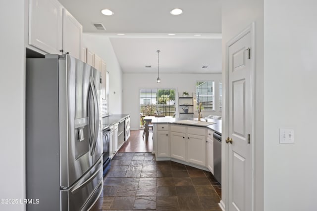 1470 Ashley Gardens Blvd, Charleston, SC 29414 - kitchen featuring stainless steel appliances, a sink, stone tile floors, a peninsula, and recessed lighting
