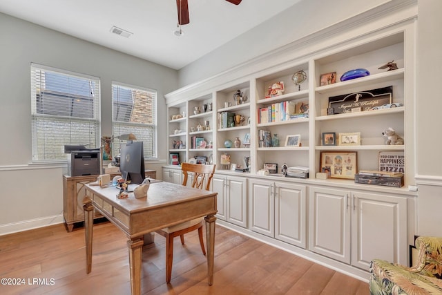 office area featuring plenty of natural light, ceiling fan, and light wood-type flooring