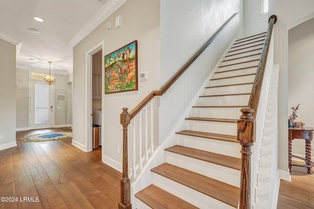 stairs featuring crown molding and hardwood / wood-style floors