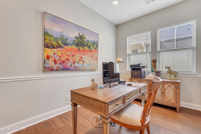 office area featuring light hardwood / wood-style floors