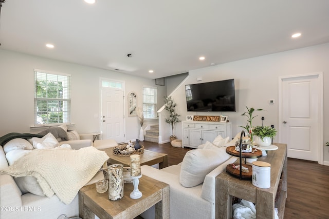 83 Plumgrass St, Bluffton, SC 29910 - living area with stairs, dark wood-type flooring, and recessed lighting