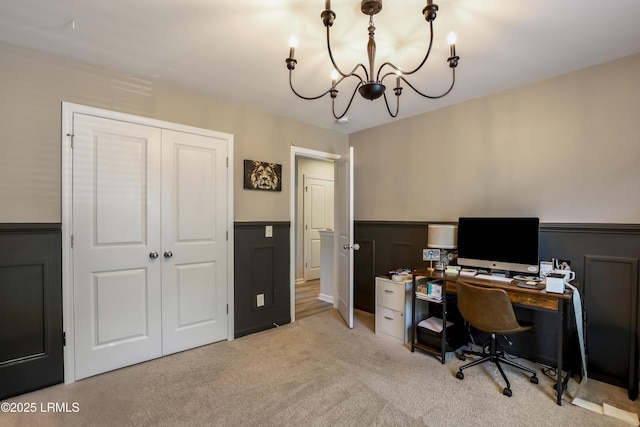83 Plumgrass St, Bluffton, SC 29910 - home office featuring a chandelier, wainscoting, and carpet floors