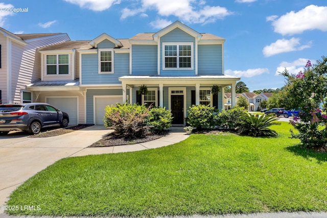 83 Plumgrass St, Bluffton, SC 29910 - view of front facade with driveway, an attached garage, a front yard, and covered porch