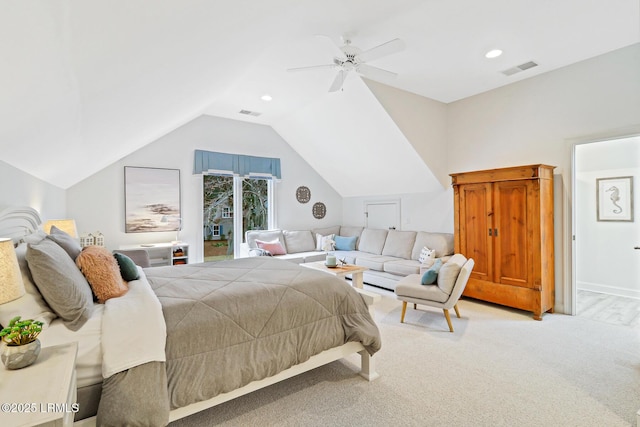 carpeted bedroom with lofted ceiling, ceiling fan, visible vents, and recessed lighting