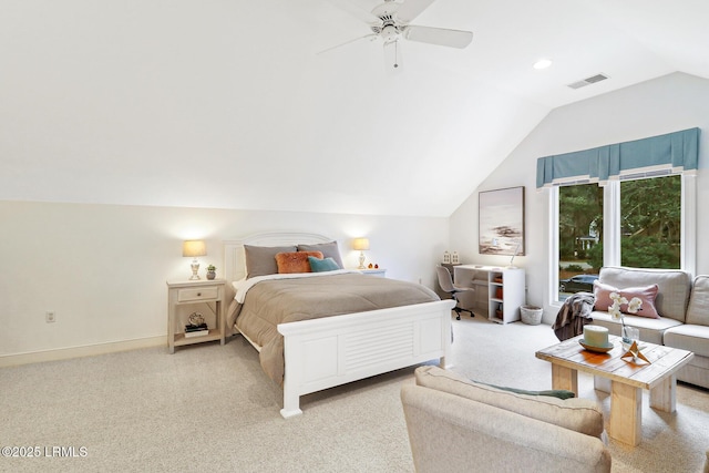 bedroom with lofted ceiling, visible vents, light carpet, ceiling fan, and baseboards