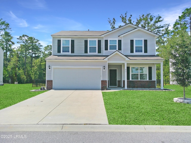 62 Keowee Ln, Beaufort, SC 29906 - view of front of house featuring an attached garage, concrete driveway, brick siding, a front yard, and a porch