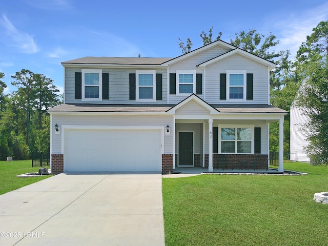 62 Keowee Ln, Beaufort, SC 29906 - view of front of house featuring brick siding, a garage, driveway, a front yard, and a porch