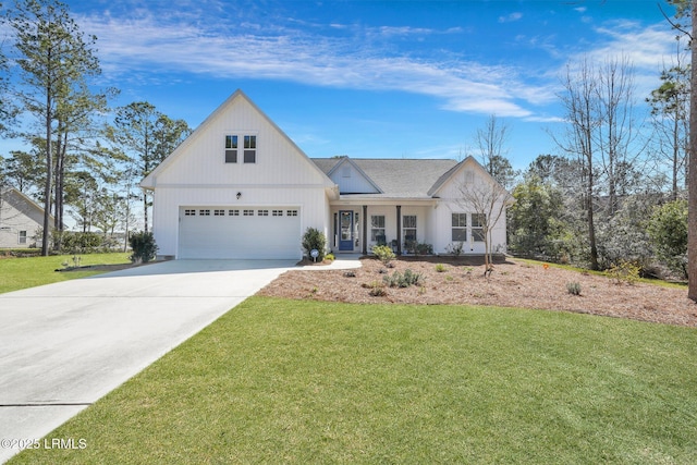 modern inspired farmhouse with concrete driveway and a front yard