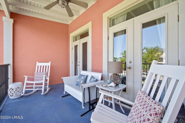 view of patio / terrace with ceiling fan and french doors