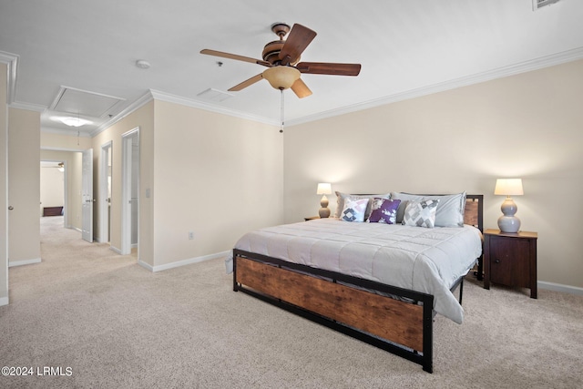 bedroom featuring ceiling fan, ornamental molding, and light colored carpet