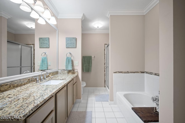 full bathroom with ornamental molding, separate shower and tub, vanity, toilet, and tile patterned floors