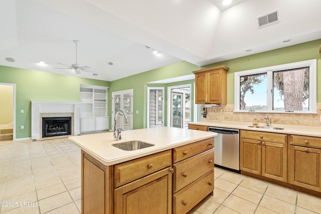 2 Doe Pt, Dataw Island, SC 29920 - kitchen with dishwasher, light tile patterned flooring, ceiling fan, light countertops, and recessed lighting