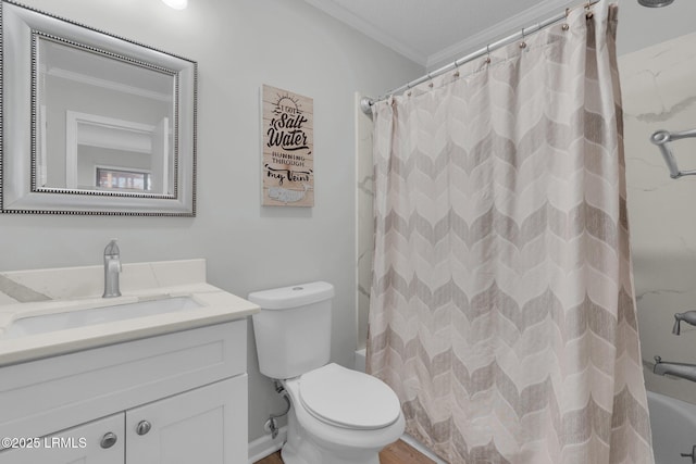 full bathroom with vanity, crown molding, toilet, and shower / tub combo with curtain