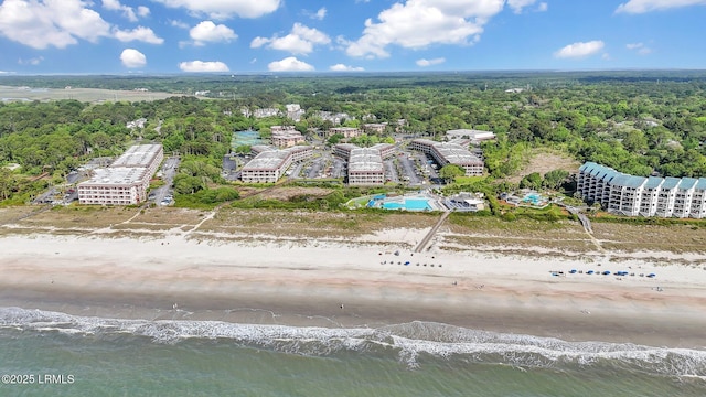 aerial view featuring a view of the beach and a water view