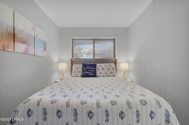 unfurnished bedroom featuring ornamental molding and wood walls