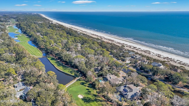 bird's eye view with a view of the beach and a water view