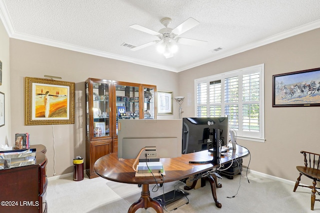 home office featuring crown molding and light colored carpet