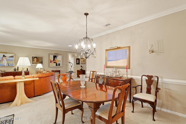 carpeted dining space featuring ornamental molding, a notable chandelier, and a textured ceiling