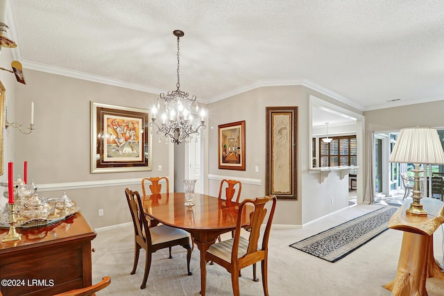 carpeted dining area with crown molding, an inviting chandelier, and a textured ceiling