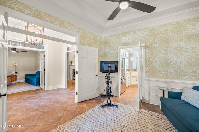 1 Wild Magnolia Ct, Okatie, SC 29909 - bedroom with wallpapered walls, crown molding, a wainscoted wall, and a tray ceiling
