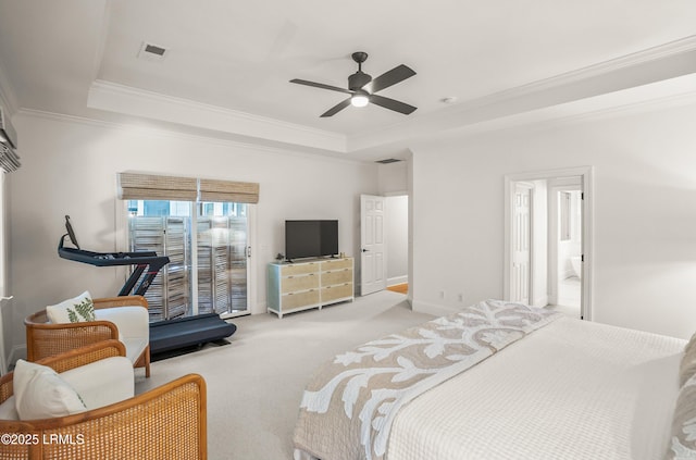1 Wild Magnolia Ct, Okatie, SC 29909 - bedroom with a raised ceiling, carpet flooring, crown molding, access to exterior, and ceiling fan