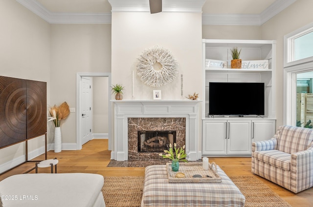1 Wild Magnolia Ct, Okatie, SC 29909 - living room with a fireplace, ornamental molding, light wood finished floors, baseboards, and built in features