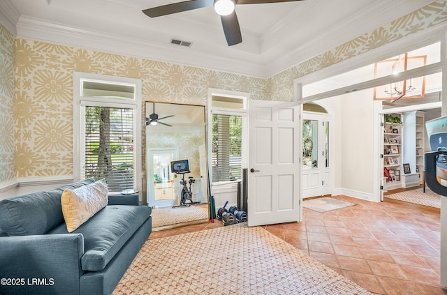 1 Wild Magnolia Ct, Okatie, SC 29909 - living area featuring wallpapered walls, ceiling fan, ornamental molding, and baseboards