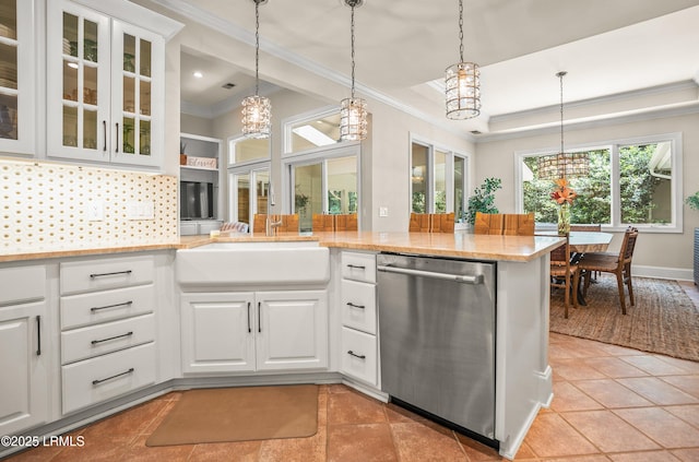 1 Wild Magnolia Ct, Okatie, SC 29909 - kitchen with dishwasher, crown molding, a chandelier, a sink, and tasteful backsplash