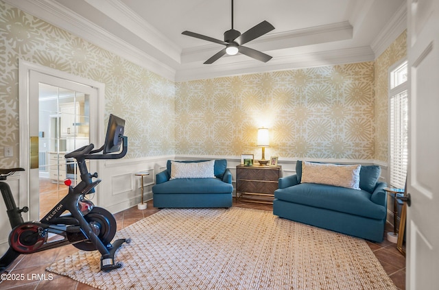 1 Wild Magnolia Ct, Okatie, SC 29909 - exercise room with wallpapered walls, wainscoting, crown molding, ceiling fan, and tile patterned floors
