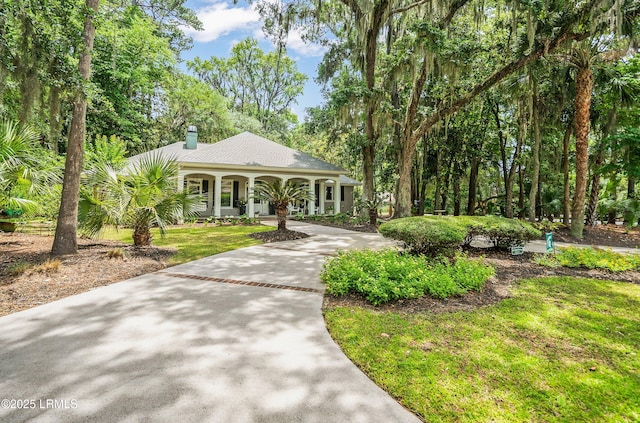 1 Wild Magnolia Ct, Okatie, SC 29909 - view of front of home with a porch, a chimney, a front yard, and driveway