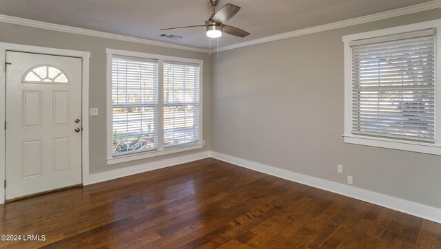 entryway with ceiling fan, ornamental molding, and dark hardwood / wood-style flooring