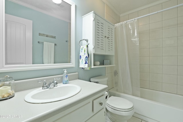 96 Mathews Dr Unit 145, Hilton Head Island, SC 29926 - bathroom featuring ornamental molding, vanity, and shower / bath combination with curtain