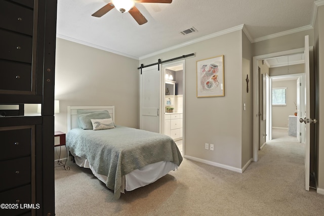 96 Mathews Dr Unit 145, Hilton Head Island, SC 29926 - bedroom featuring attic access, light colored carpet, ornamental molding, connected bathroom, and ceiling fan