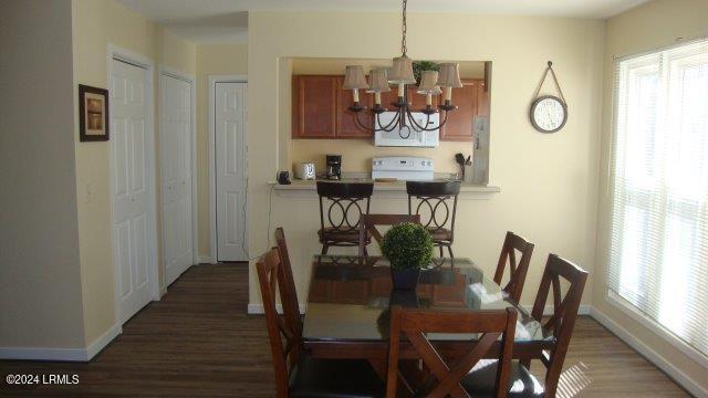 dining room featuring a chandelier and dark hardwood / wood-style flooring