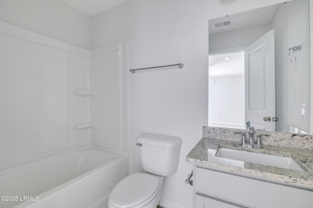 full bath featuring visible vents, shower / bathtub combination, vanity, and toilet