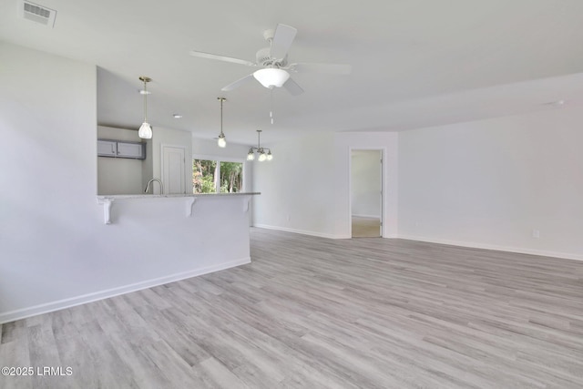 unfurnished living room featuring ceiling fan, light wood finished floors, visible vents, and baseboards