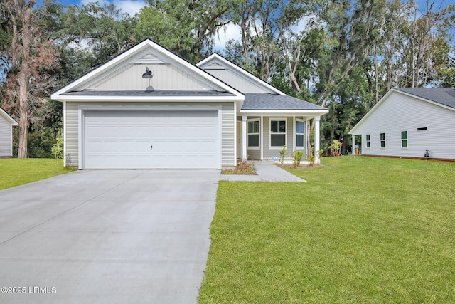 single story home with roof with shingles, concrete driveway, board and batten siding, a front yard, and a garage